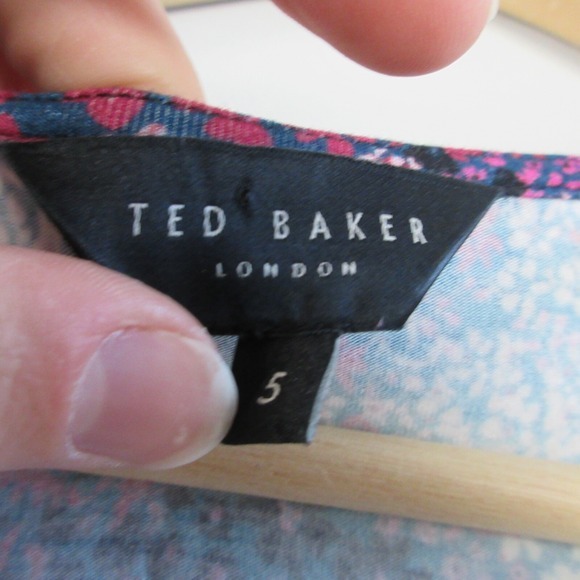 Ted Baker Jersey Faux Wrap Dress 5 US 12 Blue Pink Floral Viscose Pleated Preppy - Picture 3 of 12